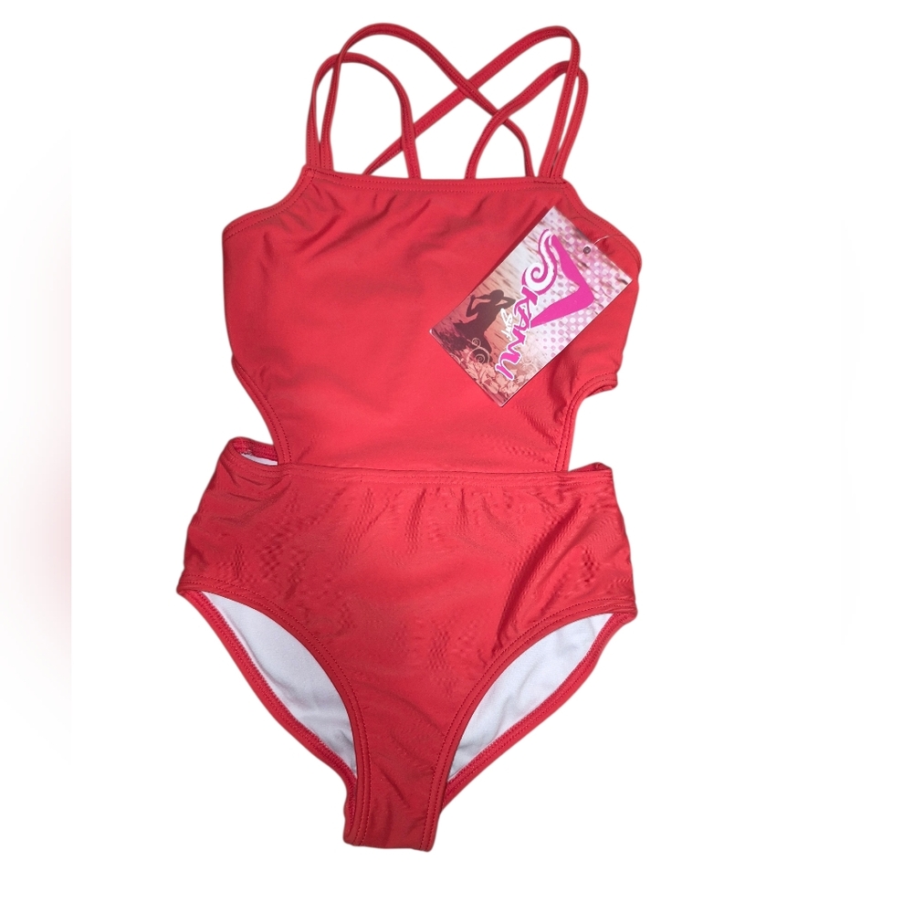 Kanu Surf Girls' Beach Sport Cut-Out Strappy One Piece Swimsuit Red Size 6 NWT